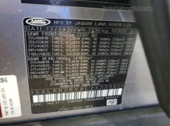 SALRR2RV8L2433980 2020 LAND ROVER DISCOVERY Серебряный Вид наклейки с VIN-кодом