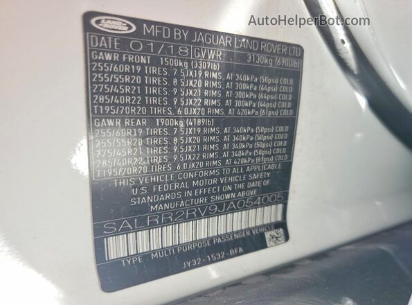 SALRR2RV9JA054005 2018 LAND ROVER DISCOVERY White Widok naklejki z numerem VIN