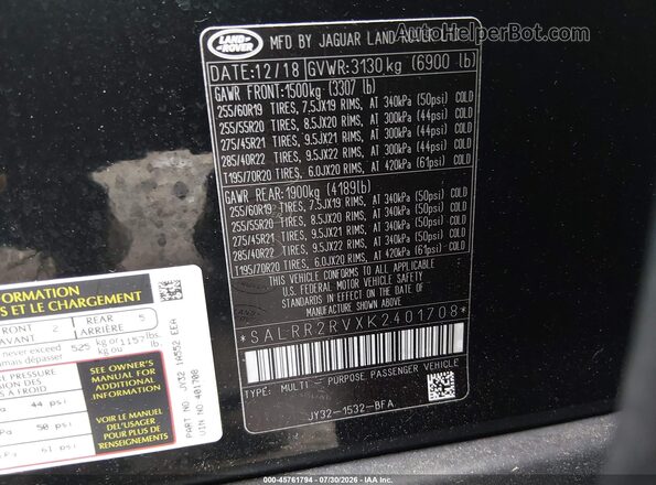SALRR2RVXK2401708 2019 LAND ROVER DISCOVERY Black Вид підкапотного простору