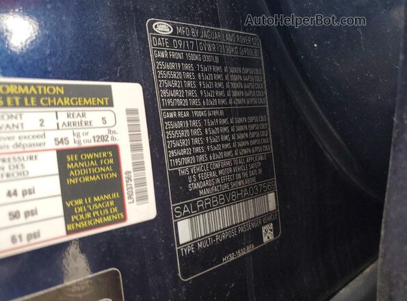 SALRRBBV8HA037569 2017 LAND ROVER DISCOVERY Blue Вид наклейки з VIN-кодом