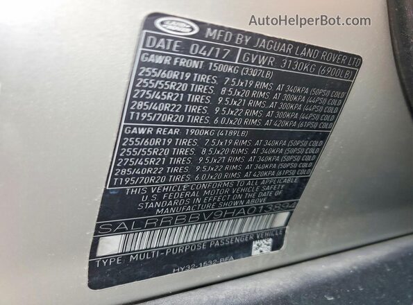 SALRRBBV9HA013894 2017 LAND ROVER DISCOVERY Silver VIN კოდის სტიკერის ხედი