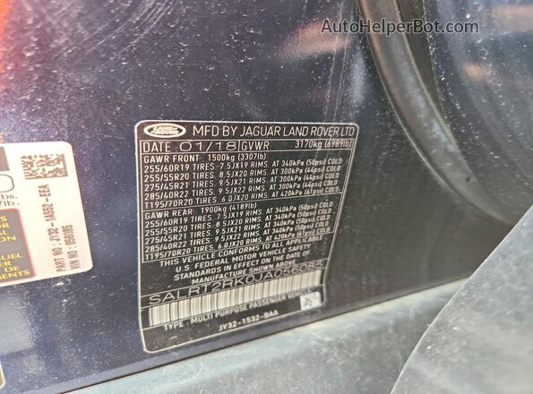 SALRT2RK0JA056085 2018 LAND ROVER DISCOVERY Blue VIN კოდის სტიკერის ხედი