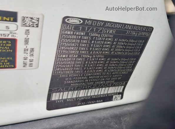 SALRT2RK2JA047694 2018 LAND ROVER DISCOVERY White Vista de la etiqueta del VIN