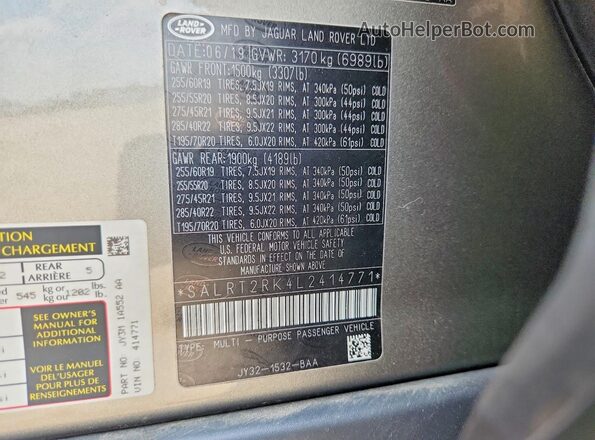 SALRT2RK4L2414771 2020 LAND ROVER DISCOVERY Gray Vista de la etiqueta del VIN