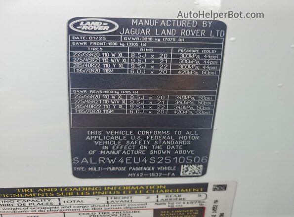 SALRW4EU4S2510506 2025 LAND ROVER DISCOVERY White VIN კოდის სტიკერის ხედი