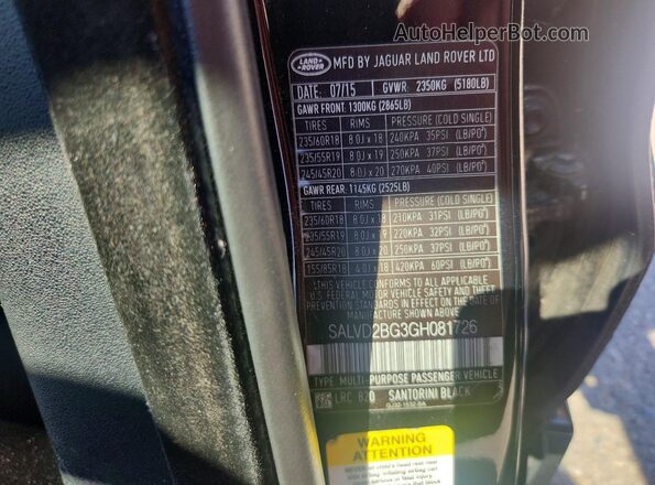 SALVD2BG3GH081726 2016 LAND ROVER RANGE Black Widok naklejki z numerem VIN