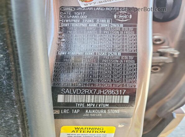 SALVD2RX7JH286317 2018 LAND ROVER RANGE Gray VIN sticker view