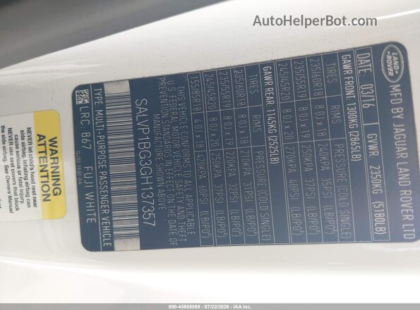 SALVP1BG3GH137357 2016 LAND ROVER RANGE ROVER EVOQUE White Вид підкапотного простору