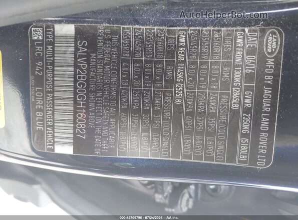 SALVP2BG0GH160827 2016 LAND ROVER RANGE ROVER EVOQUE Blue Вид підкапотного простору