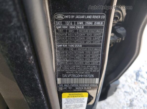 SALVP2BG0HH187026 2017 LAND ROVER RANGE Black Vista de la etiqueta del VIN