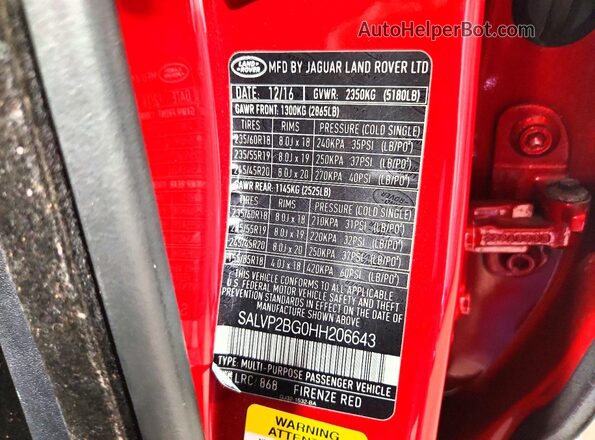 SALVP2BG0HH206643 2017 LAND ROVER RANGE Red 360 interior view