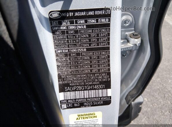 SALVP2BG1GH148301 2016 LAND ROVER RANGE ROVER EVOQUE Silver ძრავის განყოფილების ხედი