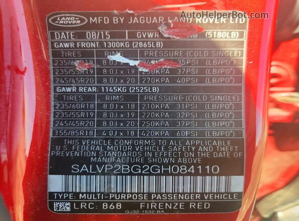 SALVP2BG2GH084110 2016 LAND ROVER RANGE Red VIN կոդի պիտակի տեսք