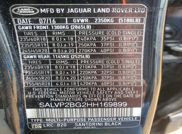 SALVP2BG2HH169899 2017 LAND ROVER RANGE Black VIN sticker view