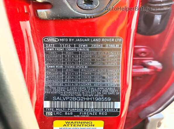 SALVP2BG2HH198559 2017 LAND ROVER RANGE Red VIN კოდის სტიკერის ხედი