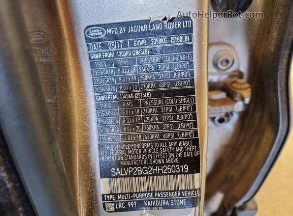 SALVP2BG2HH250319 2017 LAND ROVER RANGE Tan VIN კოდის სტიკერის ხედი