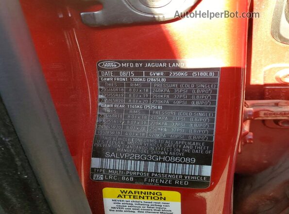 SALVP2BG3GH086089 2016 LAND ROVER RANGE Red Widok naklejki z numerem VIN