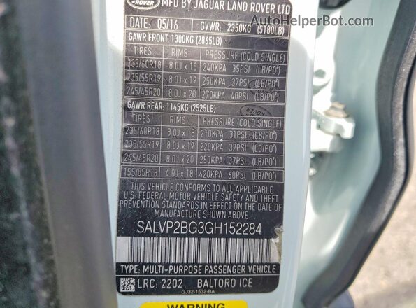 SALVP2BG3GH152284 2016 LAND ROVER RANGE White Widok naklejki z numerem VIN