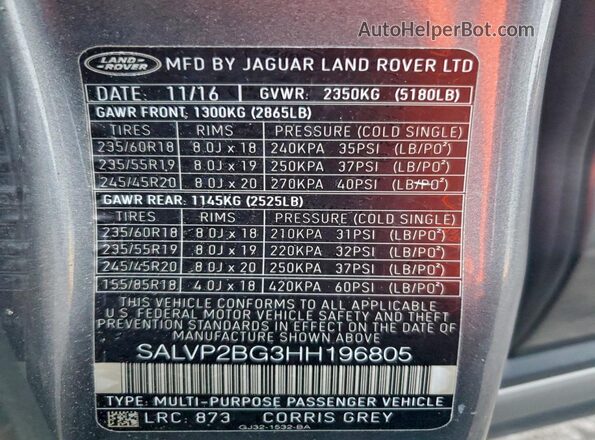 SALVP2BG3HH196805 2017 LAND ROVER RANGE Gray 360 interior view