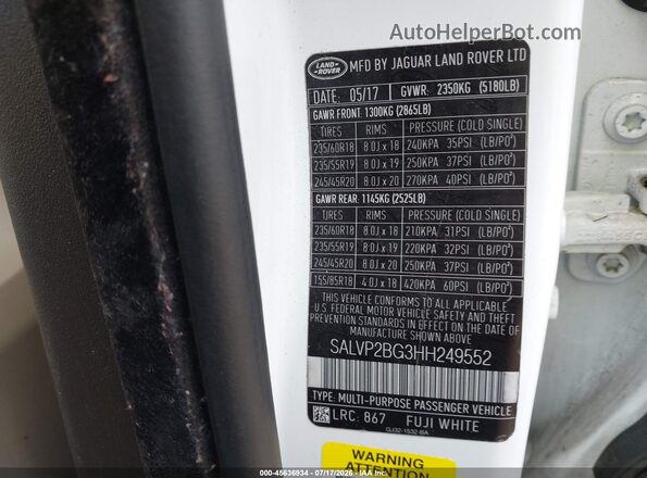 SALVP2BG3HH249552 2017 LAND ROVER RANGE ROVER EVOQUE Белый Вид подкапотного пространства