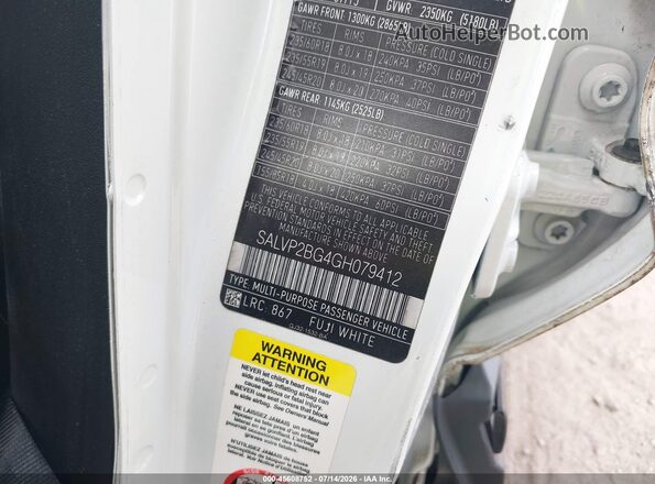 SALVP2BG4GH079412 2016 LAND ROVER RANGE ROVER EVOQUE White Շարժիչի բաժամունքի տեսք