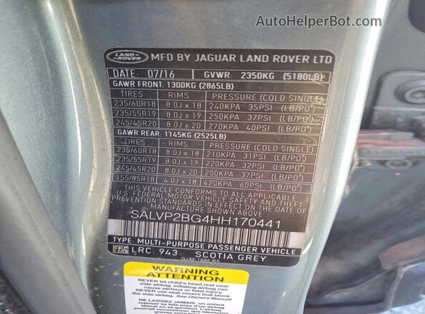 SALVP2BG4HH170441 2017 LAND ROVER RANGE Charcoal VIN sticker view