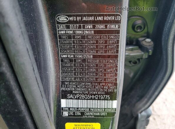 SALVP2BG5HH219775 2017 LAND ROVER RANGE Charcoal Вид наклейки з VIN-кодом