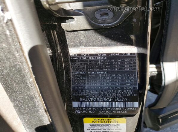 SALVP2BG6GH154031 2016 LAND ROVER RANGE Black Вид підкапотного простору