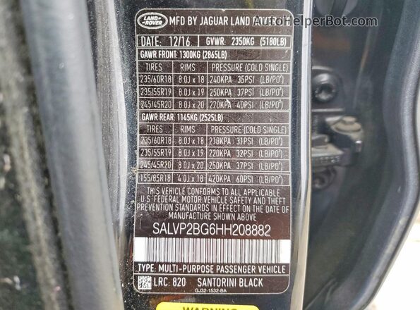SALVP2BG6HH208882 2017 LAND ROVER RANGE Black VIN კოდის სტიკერის ხედი