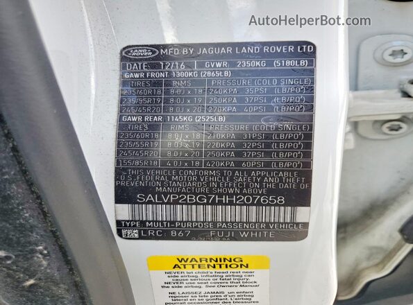 SALVP2BG7HH207658 2017 LAND ROVER RANGE White VIN კოდის სტიკერის ხედი