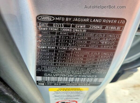 SALVP2BG8GH080823 2016 LAND ROVER RANGE Silver VIN կոդի պիտակի տեսք