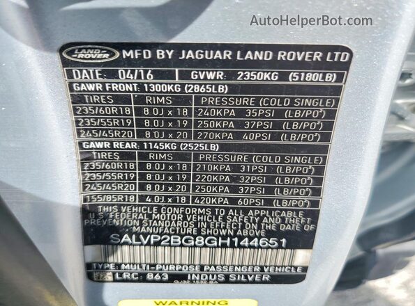 SALVP2BG8GH144651 2016 LAND ROVER RANGE Silver Вид наклейки з VIN-кодом