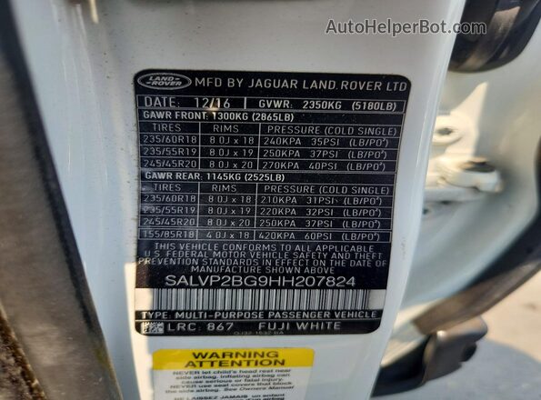 SALVP2BG9HH207824 2017 LAND ROVER RANGE White VIN sticker view