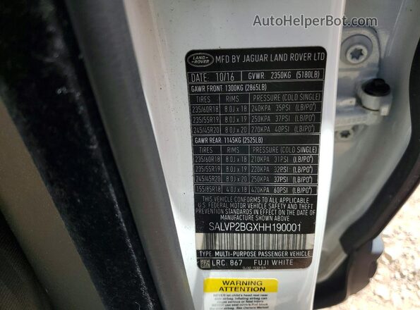 SALVP2BGXHH190001 2017 LAND ROVER RANGE White VIN sticker view