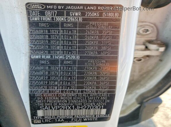 SALVP2RX1JH270301 2018 LAND ROVER RANGE White Widok naklejki z numerem VIN