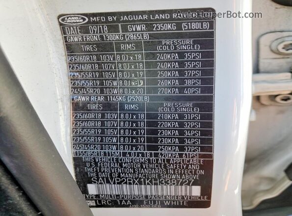 SALVP2RX1KH338727 2019 LAND ROVER RANGE Белый Панорамный вид салона 360°