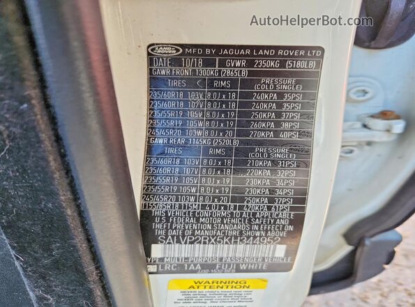 SALVP2RX5KH344952 2019 LAND ROVER RANGE White Vista del compartimento del motor