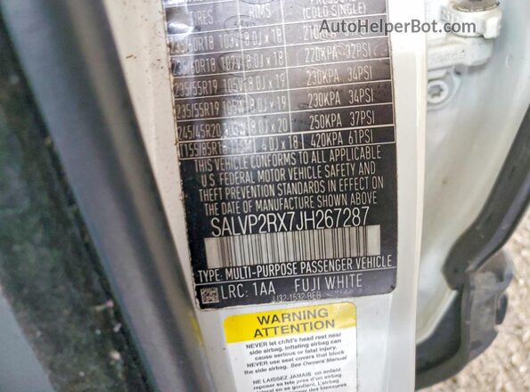 SALVP2RX7JH267287 2018 LAND ROVER RANGE White VIN sticker view