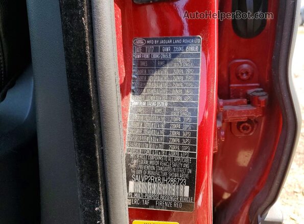 SALVP2RX8JH286723 2018 LAND ROVER RANGE Red Widok naklejki z numerem VIN