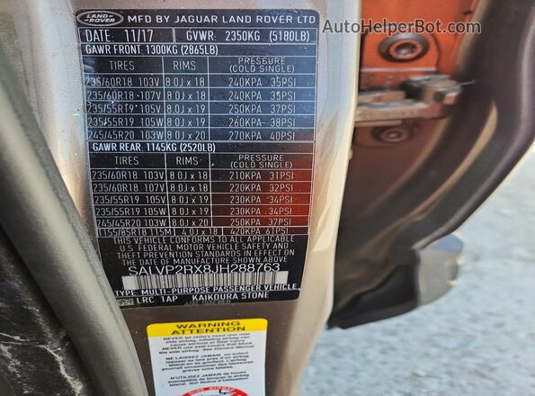 SALVP2RX8JH288763 2018 LAND ROVER RANGE Tan Widok naklejki z numerem VIN