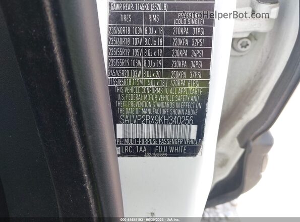 SALVP2RX9KH340256 2019 LAND ROVER RANGE ROVER EVOQUE White Вид підкапотного простору
