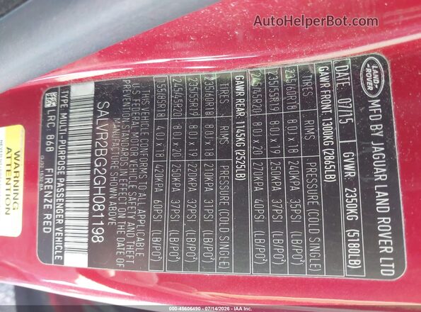 SALVR2BG2GH081198 2016 LAND ROVER RANGE ROVER EVOQUE Red Շարժիչի բաժամունքի տեսք