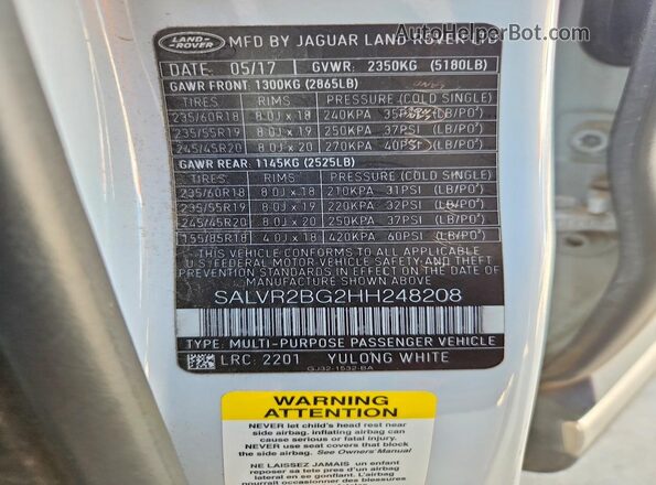 SALVR2BG2HH248208 2017 LAND ROVER RANGE White Vista de la etiqueta del VIN
