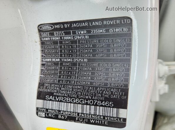 SALVR2BG6GH078465 2016 LAND ROVER RANGE White Вид наклейки з VIN-кодом