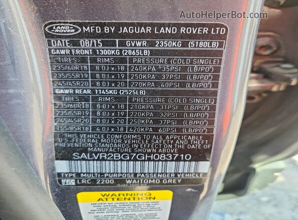 SALVR2BG7GH083710 2016 LAND ROVER RANGE Gray Widok naklejki z numerem VIN