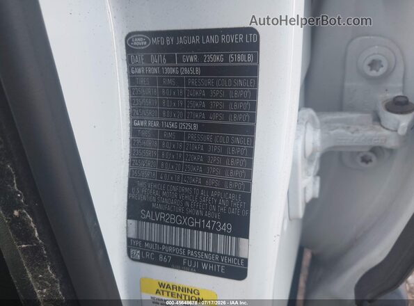 SALVR2BGXGH147349 2016 LAND ROVER RANGE ROVER EVOQUE White Շարժիչի բաժամունքի տեսք