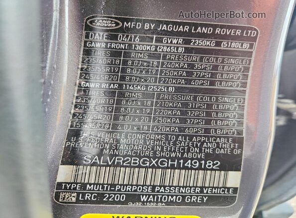 SALVR2BGXGH149182 2016 LAND ROVER RANGE Gray Вид наклейки з VIN-кодом