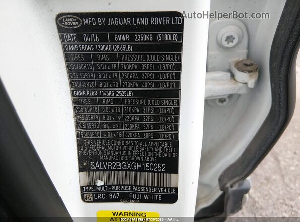 SALVR2BGXGH150252 2016 LAND ROVER RANGE ROVER EVOQUE Белый Вид подкапотного пространства