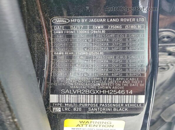 SALVR2BGXHH254614 2017 LAND ROVER RANGE Черный Вид наклейки с VIN-кодом