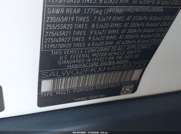SALWG2FKXHA689733 2017 LAND ROVER RANGE ROVER SPORT White Շարժիչի բաժամունքի տեսք